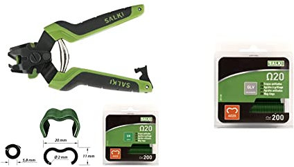 SALKI Pack Grapadora Cercas con Cargador FSK20C Grapadora para Vallas con Cortador de Alambre Incorporado + Blíster de 200 Grapas Ω20 Verde + 0111420 Caja de Grapas, Verde, 200 uds, Set Piezas