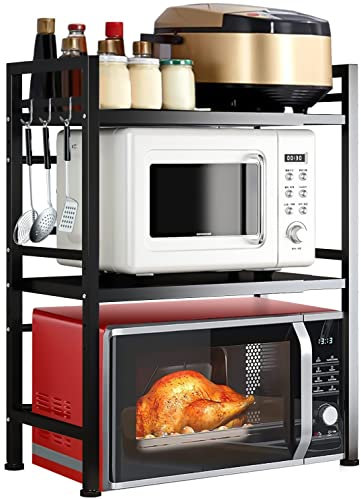 GOI Microwave Shelf Stand, 2Tier Expandable Microwave Oven Rack Storage Solution Organiser Stand Utensil Holder Adjustable Width & Height Kitchen Stand Counter Shelf with 3 Hooks (Black 2-Tier)