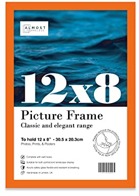 Almost Frameless 12x8 Orange Picture Frame 12x8(30.5x20.3cm) Poster, Photo, Artwork, or Print. Thin Edge Slim Frame Portrait and Landscape Display with Wall Hooks
