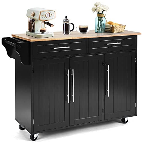 COSTWAY Desserte de Cuisine à roulettes, Chariot de Service Imperméable avec 2 Tiroirs, Étagères Réglables, Porte-Serviettes, Couteau, 3 Portes, Poignée Inoxydable, 46 x 122 x 93 cm, Noir