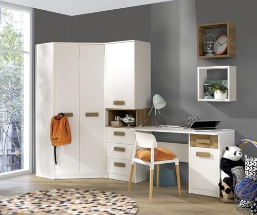 Design Möbel Eckkleiderschrank Set Gustavo 16 Eckschrank mit Schreibtisch Regal Hängeregal Jugendzimmer Schlafzimmer Komplett Einlegebode Schlafzimmer Möbel Kinderzimmer Weiß, Eiche Riviera