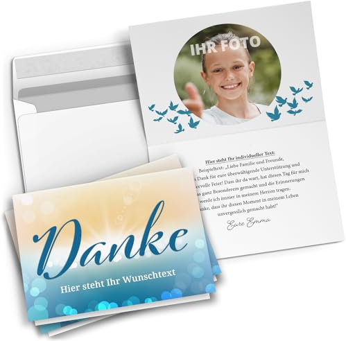 10 PERSONALISIERTE Dankeskarten mit Text und Foto - Danke Modern Gelb Blau - Dankeskarte Kommunion Konfirmation Taufe Hochzeit kirchlich mit Umschlägen