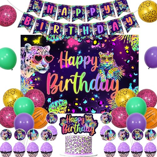 Cheereveal Regenbogen Gepard Geburtstagsdekorationen für Jungen Mädchen, Leopardenmuster Alles Gute zum Geburtstag Hintergrund, Gepard Wild Cake Cupcake Topper, Dschungelsafari Tier Party Zubehör