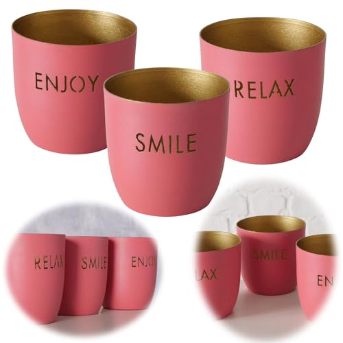 LS-LebenStil 3X Metall Windlicht Teelichthalter Retro Rosa Gold Set 7x7,5cm 3 Stück Relax Enjoy Smile gestanzter Spruch Kerzenständer Kerzenständer Teelichtglas Teelichtständer Tisch Deko