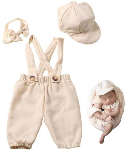 Neugeborene Fotografie -Requisiten Outfit Baby Little Gentlman Anzug Säugling Säpfchen Insgesamt Casquette Und Fliege Biege Fotoshooting Requisiten