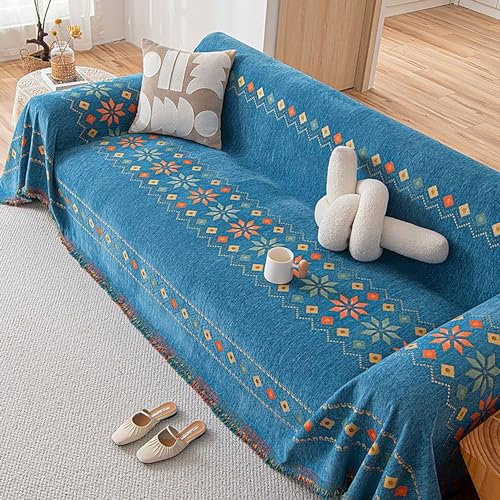 KCCRHIN Vielseitige Sofaüberwurf Decke 2 3 4 Sitzer Bohemian Style Couch Bezüge Wendbare Sofabezug Kratzfest Wendbar Couch Decken Überwurf Mit Quasten Sofa Protector Cover,Blau,180 * 400cm/71 * 157in