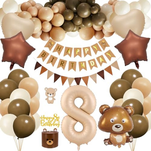 8. Geburtstagsdeko Junge Mädchen, Kindergeburtstag Deko mit Bär Luftballon, 8 Jahre Geburtstag Bär Deko, Happy Birthday Banner, Folienballon 8, Cake Topper, Partydeko für 8 Jahre Junge