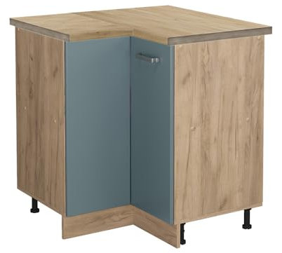 Vicco Eckunterschrank R-Line, Blau-Grau/Goldkraft Eiche, 75.6 cm, AP Eiche