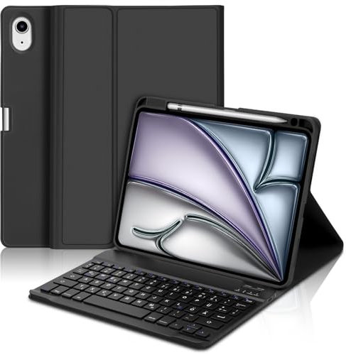 SENGBIRCH Étui avec clavier pour iPad Air 6. 11 (M2) 2024 – Magnétiquement amovible avec clavier QWERTZ allemand, étui en TPU souple et cuir avec porte-stylo, noir