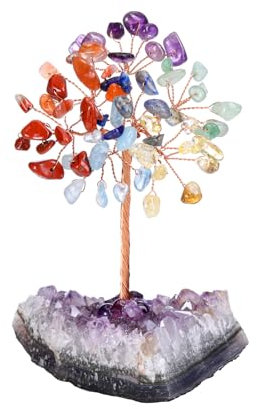Jovivi Albero della Vita Soprammobile con Grappolo Ametista per Decorazione Interni Chakra Albero di Cristallo con Ametista Grezza Protafortuna Feng Shui Albero Artificiale Energia Reiki - 7 Chakra