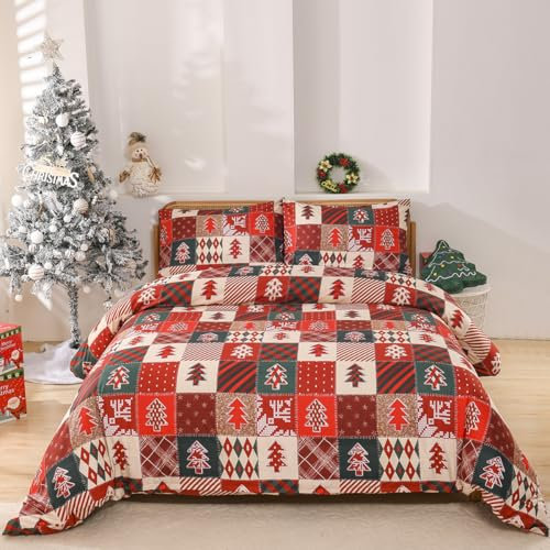 Boqingzhu Weihnachts Bettwäsche 135x200cm Kinder Rot Grün Tannenbaum Weihnachtsbaum Patchwork Warm Winter Weihnachten Bettwäsche Set Microfaser Bettbezug und Kissenbezug 80x80cm mit Reißverschluss