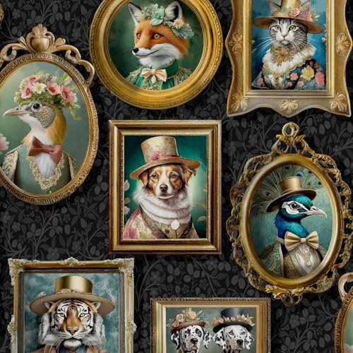 Regal Beasts Charcoal Wallpaper - Animal Print Dog Cat Fox Peacock Artistic - Trendy Stylish Feature Wall