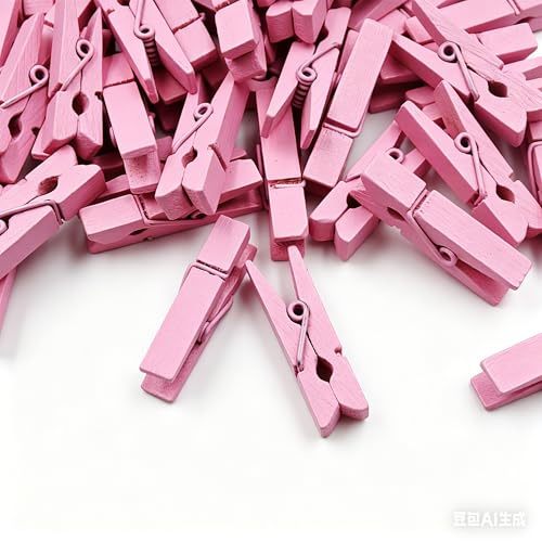 Pmnzdy Lot de 100 pinces à linge en bois naturel - 3,5 cm - Jolies mini pinces décoratives en bois - Pour photos, photos, photos, petites décorations en bois, cartes postales, cadeaux - Rose
