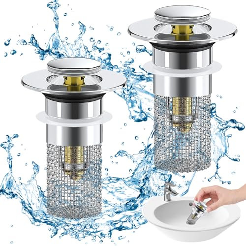 Qintora 2 Piezas Tapón de Desagüe Universal para Lavabo, Tapones de Desagüe Ajustables de 34-40mm, Núcleo de Rebote de Acero Inoxidable y Cobre, Filtro Extraíble para Lavabo y Fregadero de Baño