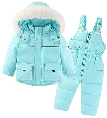 Conjunto de traje de nieve, abrigo, babero de plumón para niños + chaqueta con capucha, 2 pantalones de bebé, ropa de niña de dibujos animados y conjunto de ropa para mujer, azul, 18- 24 Meses