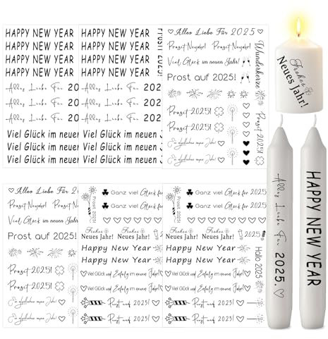 ALLAVA 6 Stück Kerzentattoos Weihnachten, Kerzentattoos Happy New Year A5, Wasserschiebefolie Rub on Sticker Weihnachten, Kerzensticker Kerzenfolie für Kerzen oder Keramik Bogen DIY Stickerbogen