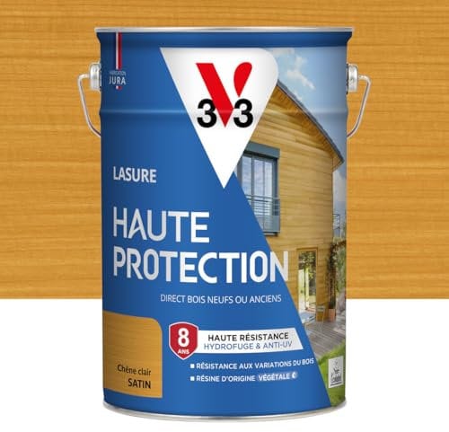 V33 Lasure Bois extérieur Chêne clair satin - Haute Protection 8 ans - Haute résistance hydrofuge et anti-UV - Résiste aux variations du bois - Ecolabel, résine d'origine végétale - 5L
