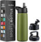 750ml Triple Walled, Insulated Water Bottles with Straw - Stainless Steel Metal Bottle W/ 3 Leak Proof Lids - For Travel, School, Sports, Gym/Men, Women (Army Green)