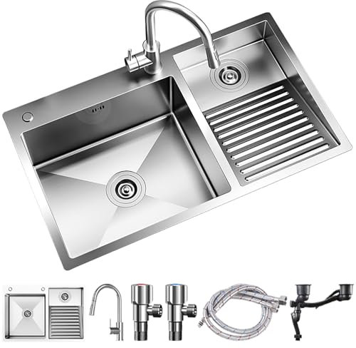Fregadero De Cocina Y Lavadero De Acero Inoxidable Con Tabla De Lavar Fregadero Doble De Gran Capacidad Fregadero De Servicio Pesado Para Cocina, Lavadero, Baño, Granja(80x48x22cm)