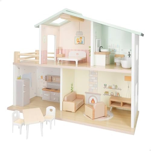 WOOMAX Casa de muñecas Madera con Muebles y Accesorios, 52x20x40 cm, Colores Pastel, 2 Pisos, 4 estancias y 1 balcón, 16 Piezas, Casita de muñeca, Juguetes niños 3 años, Sello FSC (33050)