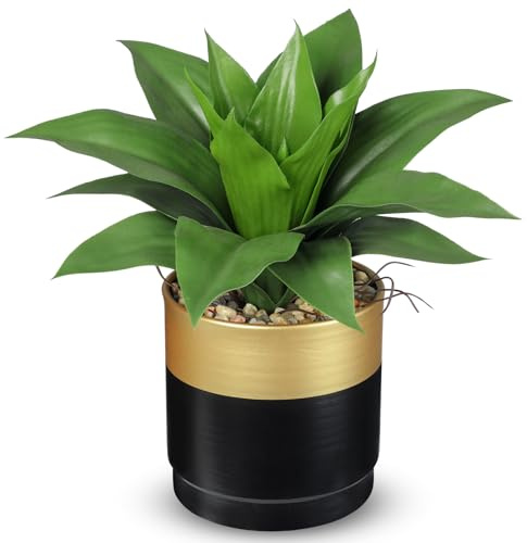 Arborus Artificial Agave Plants in Black Gold Pot 26cm Fake Agave Plant in Metal Pot Small Indoor Plant Faux Greenery Decorative Plants with Realistic Leaves for Home Office Shelf Desk Bathroom Decor
