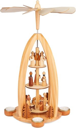 BRUBAKER Weihnachtspyramide aus Holz - Engel, Jesus, Maria, Josef und Könige - 44 cm große Teelichtpyramide für Weihnachten - drehbare Tischpyramide für 4 Teelichter - Handbemalt - Braun
