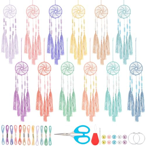 INFUNLY 12 Stück DIY Boho Mini Traumfänger Set In Regenbogenfarben Kleines Traumfänger Set für Anfänger Handgefertigte Traumfänger Mit Anleitung Wandbehang Ornament für Zuhause Schlafzimme
