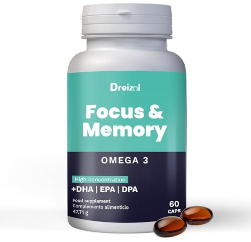 DREIZOL Focus & Memory, Nootrópico de alta dosis. Omega 3 con alto contenido en DHA dirigido a problemas de atención, aprendizaje y memoria. DHA+EPA+DPA+Vitamina A+Luteina+Zeaxantina. Sin Cafeina