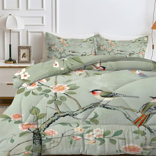 Vögel Blumen Bedruckt Bettdecke 135x200 4 Jahreszeiten, Wende Dekoration Steppdecke Schlafdecke Bettdecke ohne Bezug Waschbar,Warme & Weiche Bettdecken, Ganzjahresdecke 135x200 mit 2 Kissenbezug