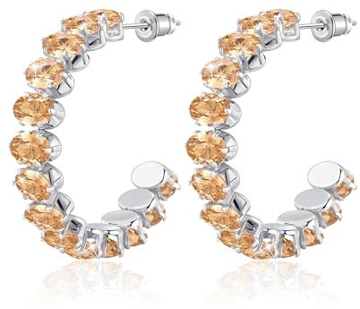 Linawe Citrin Creolen Ohrringe Silber, Fossil Ohringe Damen Jewelry, Statement Creolen Groß Ohrringe Silber Hängend, Hypoallergene Edelstahl Ohrhänger mit Stein Damen Schmuck