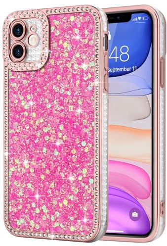 Lafunda Kompatibel mit iPhone 11 Hülle Rosarot | Mädchen Frauen Schuzhülle Glitzer Pailletten Glänzend Bling Diamant Stoßfest Handyhülle mit Kameraschutz