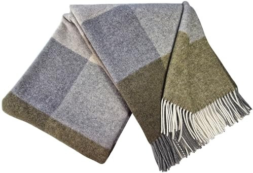 STTS International Kaschmir Decke Wolldecke Wohndecke 100% Merinowolle - Kaschmir - Mix 140 x 200 cm sehr weiches Plaid Kuscheldecke Faro (Khaki-Grau (Quadrate))