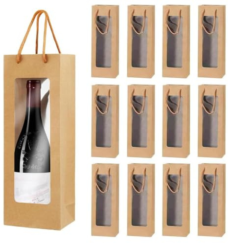 12 Stück Kraftpapier Wein Geschenktüten, Flaschentüten mit Hebeseil,Champagner Geschenktasche mit Öffnungsfenster, für Hochzeit, Party