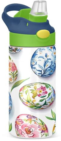 JUMBEAR Beautiful Watercolor Flower Egg Kids Water Bottle 350ml,Insulated Sport Water Bottle with Straw Lid,Stainless Steel Water Flask for School Boys and Girls