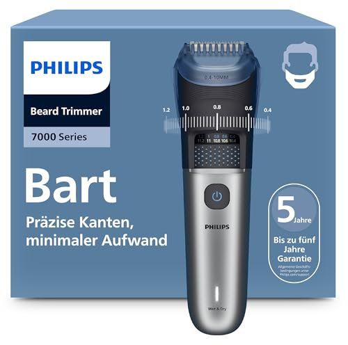 Philips Bartschneider 7000er-Serie – selbstschärfende Metallklingen, 40 Längeneinstellungen, BeardSense-Technologie, Haarkollektor, 100% wasserdicht, breiter Trimmer, Modell BT7670/15
