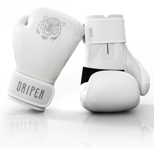 Dripex Gants de Boxe d'Entraînement Professionnels PU 16 oz Tigre Blanc