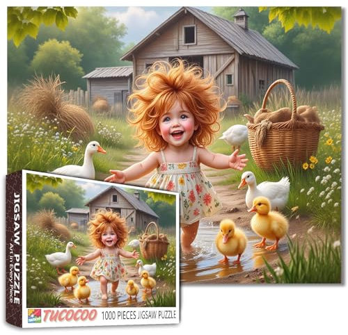 Tucocoo 1000 Teile Puzzle für Erwachsene - Skurrile Cottagecore Bauernhof-Szene mit kleinen Mädchen, Entchen Rustikale Scheune - Vintage Bauernhaus Puzzle für Entspannung, DIY Handwerk Puzzles Home