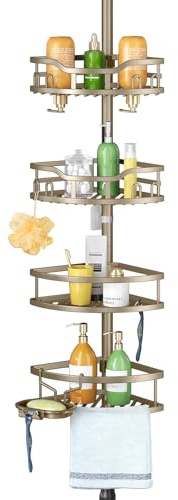 HAMITOR Corner Shower Caddy Tension Pole: Rustproof 4-Tier Bathroom Organizer Shelves for Bathtub Shampoo Storage - 47-121 Inch Quick Install Adjustable Rod Standing Rack with Soap Rack - Matte Gold