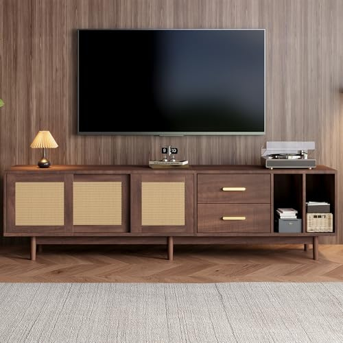 NADEUSAK Mueble de TV de ratán MDF material 190 x 40 x 52 cm con cajones y 6 patas de apoyo apto para televisores de 75 pulgadas, armario de almacenamiento multifuncional para salón