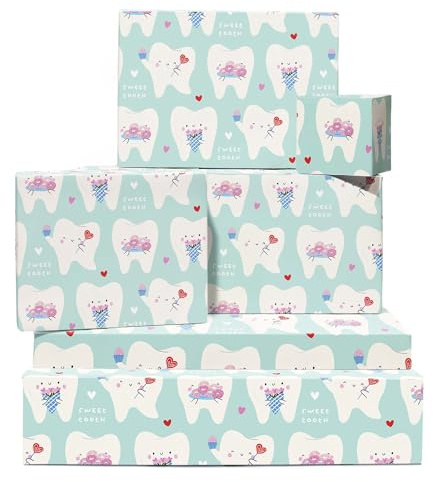 blau Geschenkpapier - 6 Blätter of türkis with Smiling Tooth Figuren and Treats Geburtstag Wraps für Kids, Erwachsene Sweet Zahnarzt Weihnachten Parties Erntedankfest By Central 23