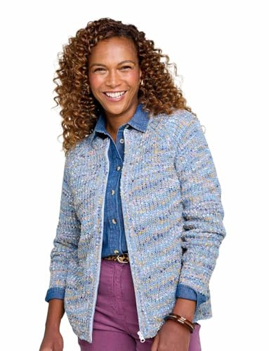 Amber Ladies Zip Front Textured Fleck Cardigan Long Sleeve Knit Top Blue