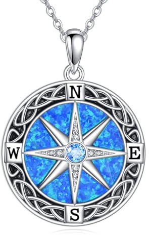 KZX Kompass Halskette 925 Sterling Silber Blauer Opal Kompass Anhänger mit Stern Schmuck Geschenke für Frauen Männer