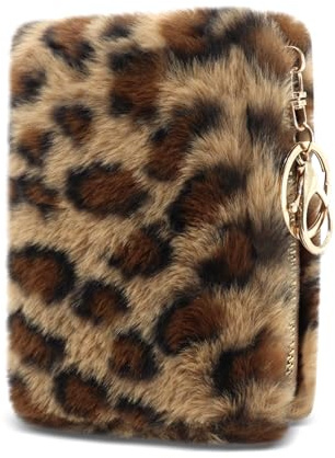 AfitLulu Léopard Portefeuille Femme Peluche Porte Monnaie Femme (Marron) | Porte Feuille pour Femme avec Porte-Clés, 4 Compartiments pour Cartes, 2 Compartiments à Billets, 1 Poche à Monnaie