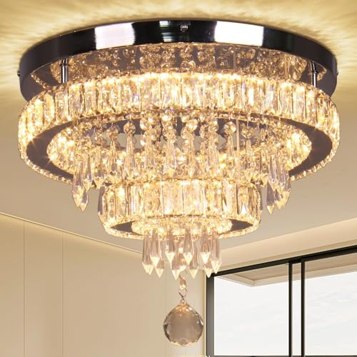 Finktonglan 40 cm 5-stufige Kristall-LED-Deckenleuchte, 55W Warmweiß | Integrierte LED, festes Warmweiß, nicht dimmbar, K9 Kristall und Edelstahl für Schlafzimmer, Wohnzimmer, Esszimmer und Flur