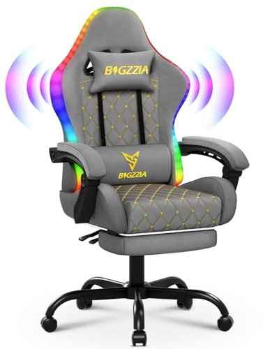bigzzia Sedia Gaming con LED RGB e Bluetooth, Sedia da Gaming Ergonomica con Poggiapiedi, Sedie da Gioco Regolabile e Girevole con Una Capacità di Carico di 150 kg (Grigio) | Supporto Lombare e Poggiapied,Ergonomica,Alta qualità