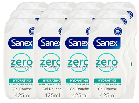 Sanex, Gel Douche Hypoallergénique Zero%, Hydratant, Lot de 12 x 425 ml | Gels douche famille, Formule triple hydratation 8 heures, Sans colorant, savon ni sulfate*, Idéal corps, visage et cheveux