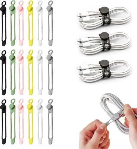 18Pcs Data Cable Organizer,Silicone Cable Straps,Organizer,Cord Straps | Reusable Multipurpose Elastic,for Bundling Appliances Charging Cords Earphone Cables (Pink,Black,Gray,White,Yellow)