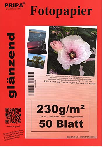 pripa 50 Blatt Fotopapier DIN A4, 230g /qm, high -Glossy glaenzend -sofort trocken -wasserfest-hochweiß-sehr hohe Farbbrillianz, Fuer Inkjet - Tinten Drucker