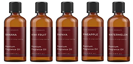 Mystic Moments | Exotic Fruit Fragrant Oil Gift Starter Pack 5x100ml| 5 Sweet Tropical Fragrance Oils – Banana, Kiwi Fruit, Papaya, Pineapple & Watermelon | Bright Summer Home Ambience