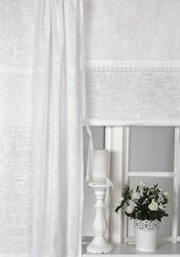 Französisch Skandinavisch Interieur Gardinenschal Vorhang 'Emmy' 2er Set 120 x 240 cm (BxH) Bestickt mit Spitze und Monogramm weiß Baumwolle Landhaus Shabby Nostalgie